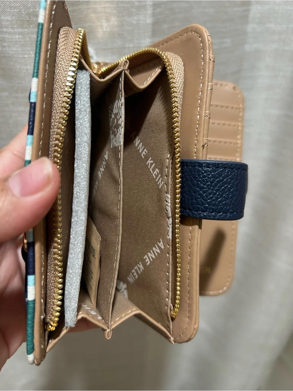 Anne Klein Striped Green & Navy Women's Wallet with Gold Horsebit Detail